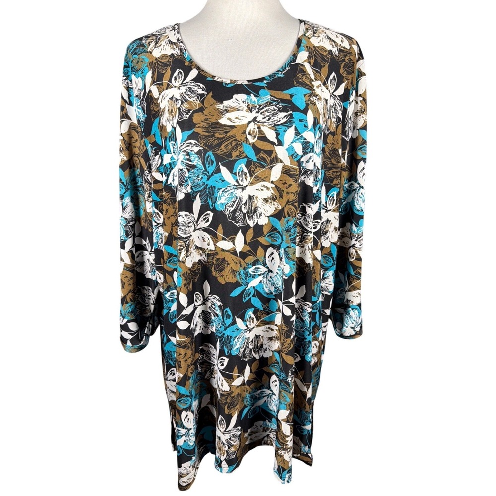 Ulla Popken Womens Plus 24/26 Floral Scoop Neck 3/4 Sleeve Tunic Top Teal Black